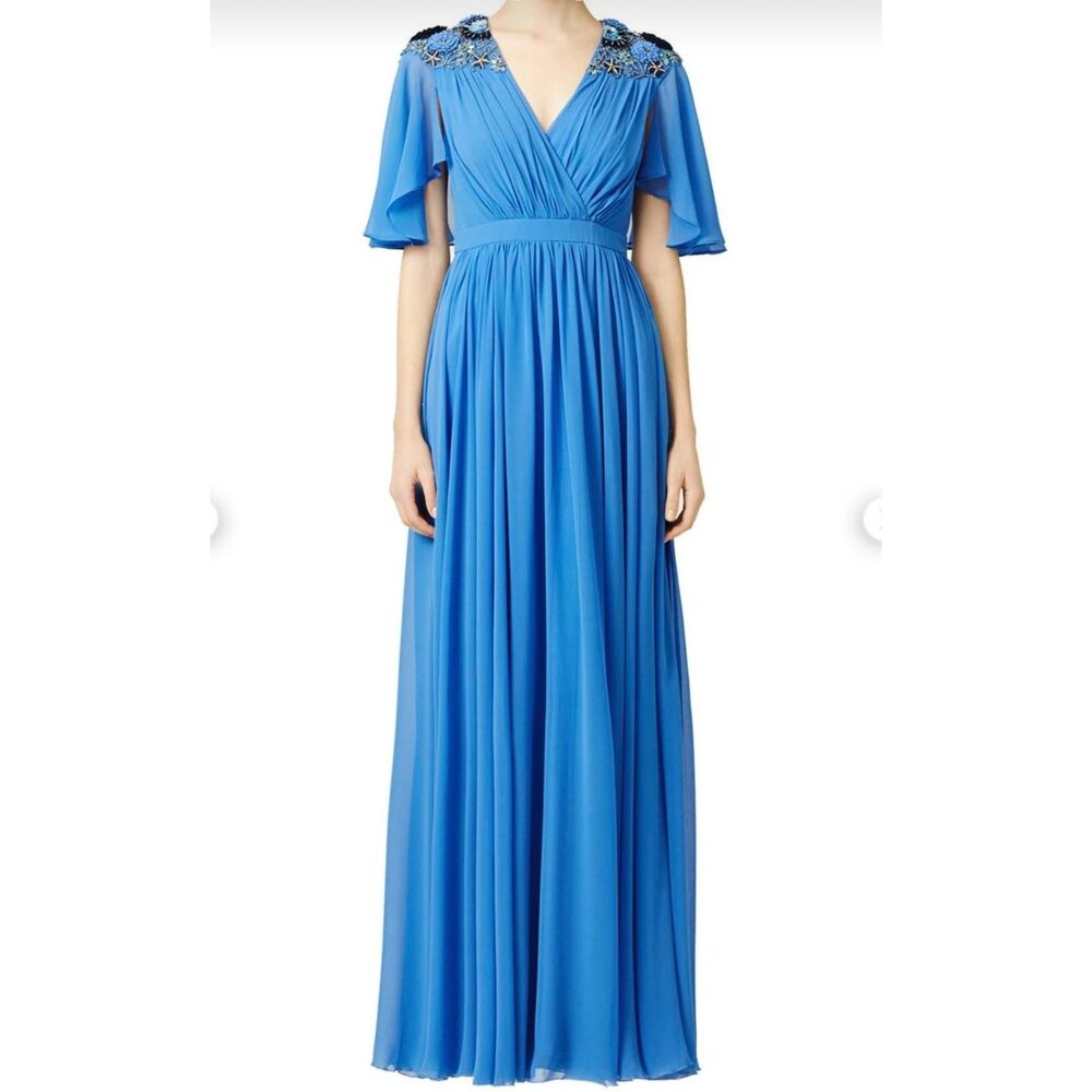 Badgley Mischka Collection Blue Chiffon Gown Beaded Floral Flutter Sleeve 18